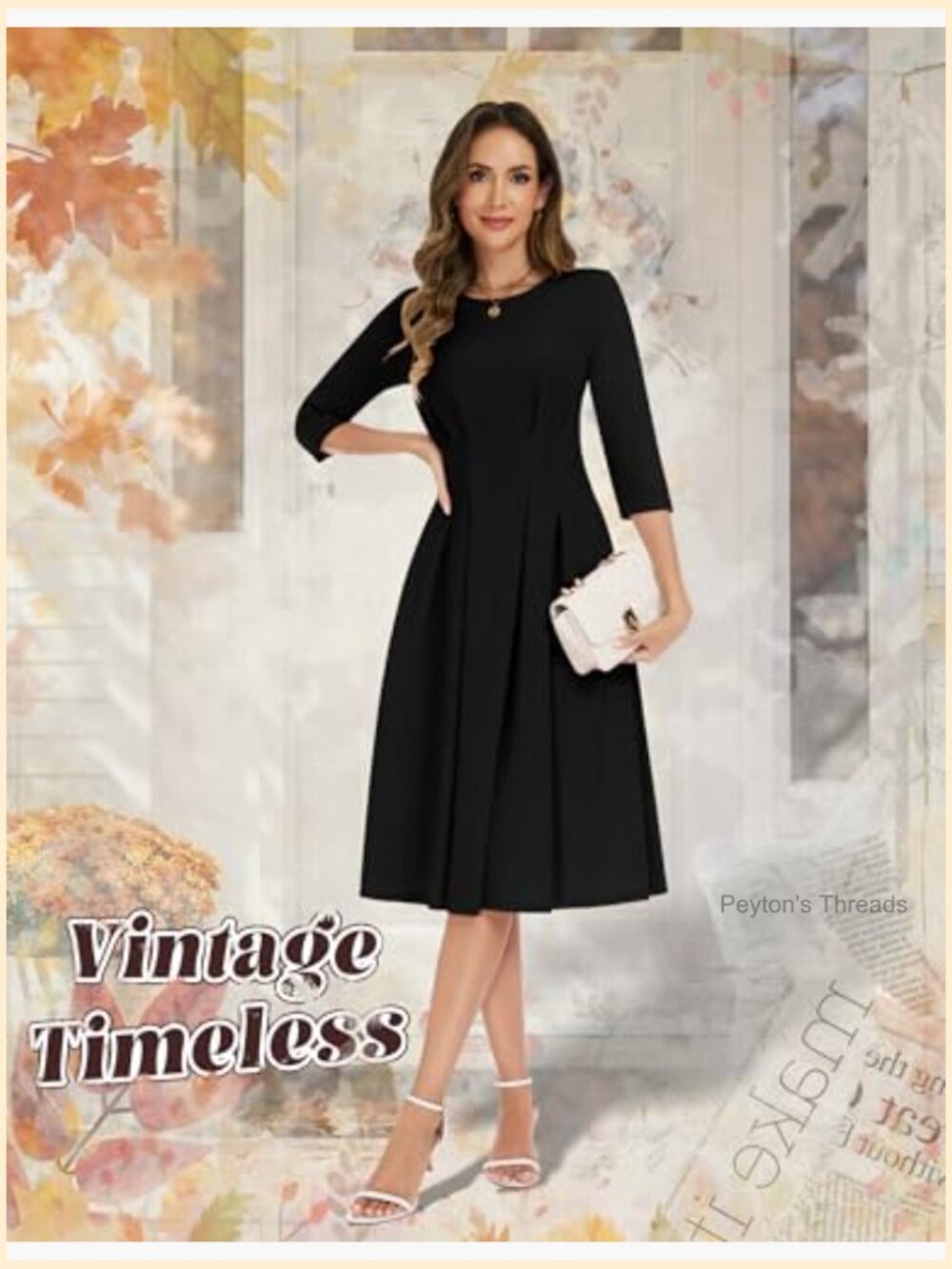 Vintage Cocktail Dress 3/4 Sleeve A-Line Midi with Pockets Nylon Stretch - Picture 5 of 6